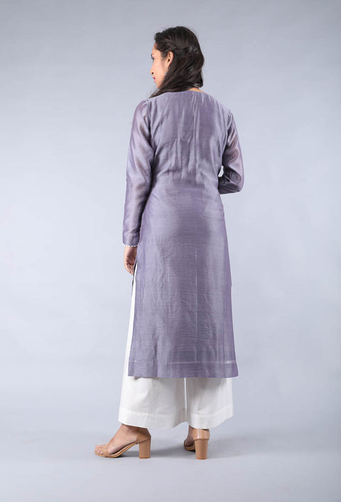 Handcraft Chanderi Kurta in Grape Purple & Off-White Palazzo Set – Set of 3