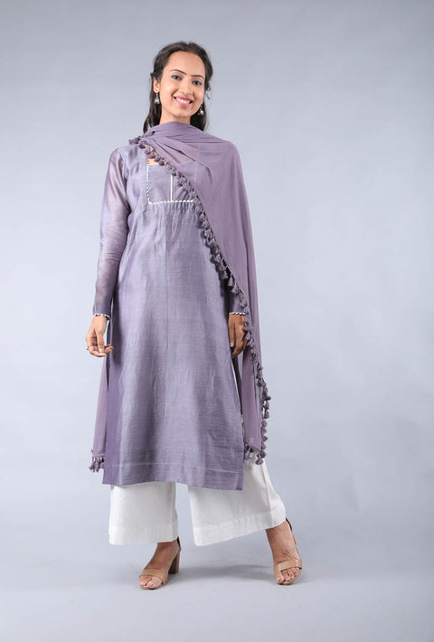 Shop Chanderi Kurta in Grape Purple & Off-White Palazzo Set – Set of 3
