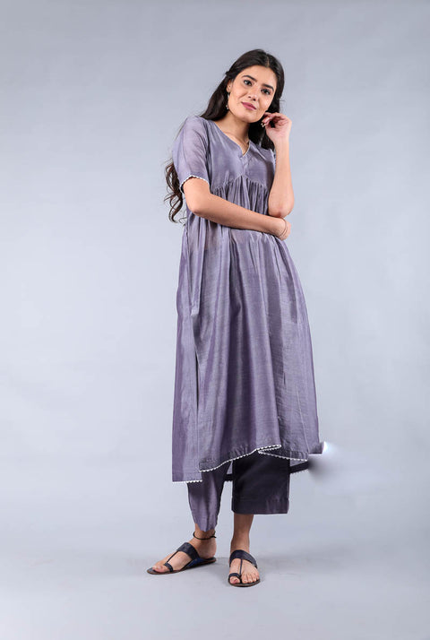 Buy Flared Chanderi Kurta & Palazzo in Grape Purple – Set of 2

