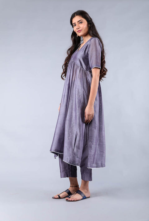 Luxury Flared Chanderi Kurta & Palazzo in Grape Purple – Set of 2

