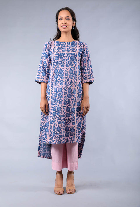 Luxury Cotton Hand Block Print High & Low Kurta with Pants in Blush Pink & Blue (Set of 2) by Vinusto.