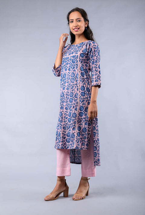 Shop Cotton Hand Block Print High & Low Kurta with Pants in Blush Pink & Blue (Set of 2) by Vinusto.