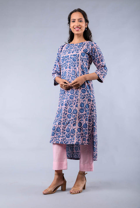 Buy Cotton Hand Block Print High & Low Kurta with Pants in Blush Pink & Blue (Set of 2) by Vinusto.