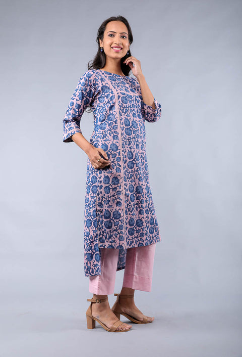 Order Cotton Hand Block Print High & Low Kurta with Pants in Blush Pink & Blue (Set of 2) by Vinusto.