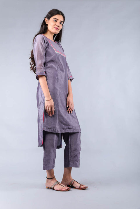 Order Hand-Embroidered Chanderi High-Low Kurta & Pants in Grape Purple – Set of 2

