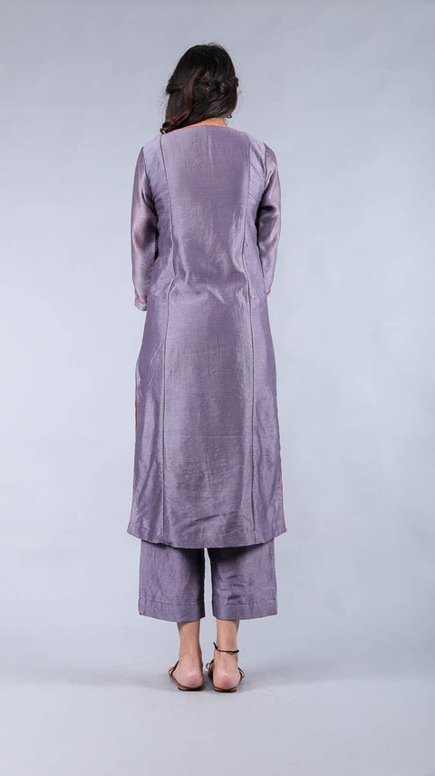 Hand embroidered Chanderi High & Low Kurta with pants in  Grape purple (Set of 2)