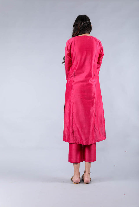 Handcraft Hand-Embroidered Chanderi High-Low Kurta & Pants in Fuchsia – Set of 2


