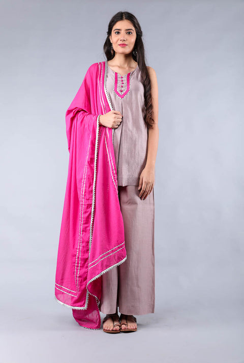 Premium Short Shirt Chanderi Kurta & Palazzo in Mauve & Dark Pink with Cotton Dupatta - Set of 3 | Vinusto

