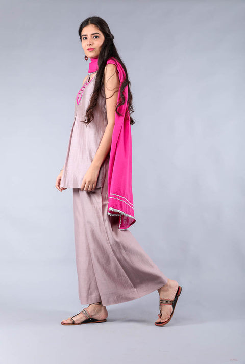 Shop Short Shirt Chanderi Kurta & Palazzo in Mauve & Dark Pink with Cotton Dupatta - Set of 3 | Vinusto

