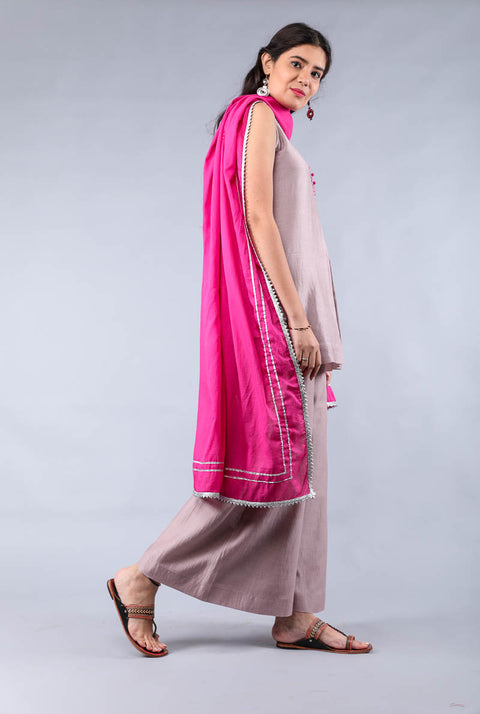 Luxury Short Shirt Chanderi Kurta & Palazzo in Mauve & Dark Pink with Cotton Dupatta - Set of 3 | Vinusto

