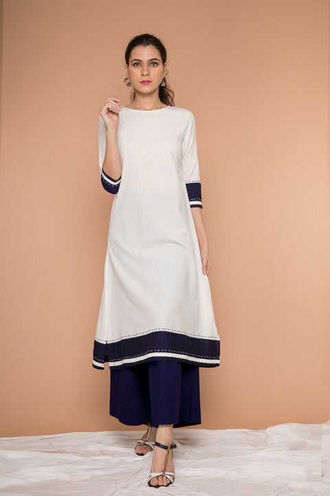 Buy Off-White Color Block A-Line Kurta & Midnight Blue Cotton Palazzo - Set of 2 | Vinusto