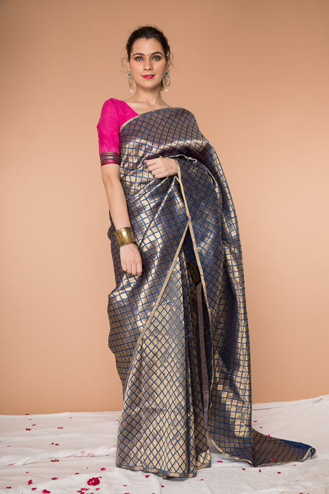 Buy Handwoven Zari Saree in Gold & Royal Blue - Vinusto

