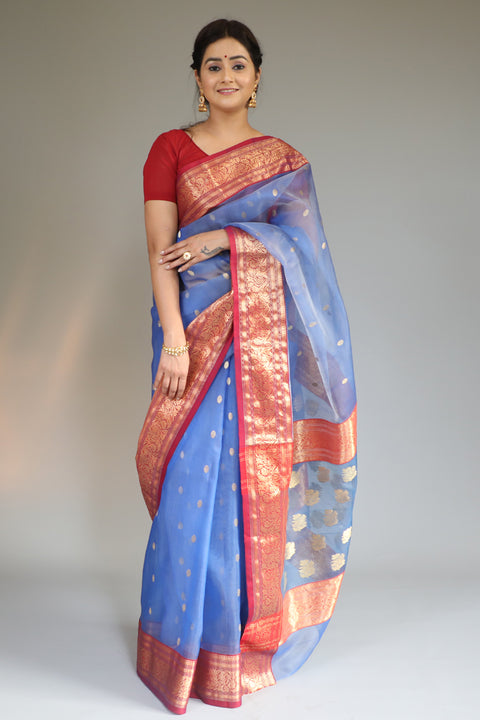 Shop Chanderi Silk Saree in Steel Blue & Red - Vinusto

