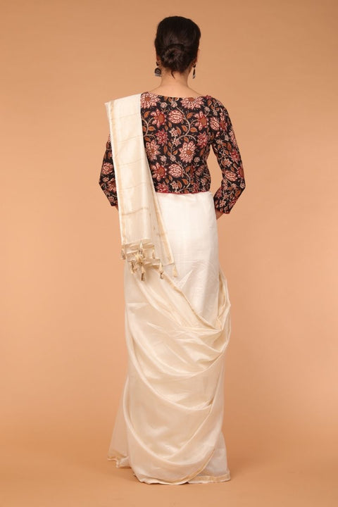 Order Woven Chanderi Sari in Off-White with Crop-Style Hand Block Printed Cotton Blouse in Black | Vinusto