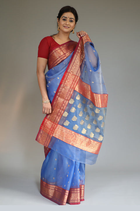 Buy Chanderi Silk Saree in Steel Blue & Red - Vinusto

