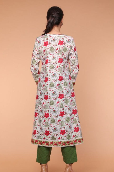 Handcraft A-Line Hand Block Printed Kurta & Loose Fit Palazzo in Fern Green – Set of 2 | Vinusto

