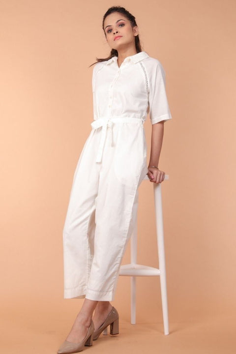 Shop Jumpsuit with Lace Inserts in White Cotton | Vinusto