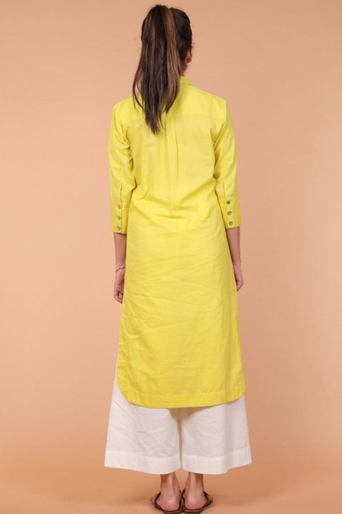 Luxury Yellow High-Low Shirt Kurta & White Loose Fit Palazzo - Set of 2 | Vinusto