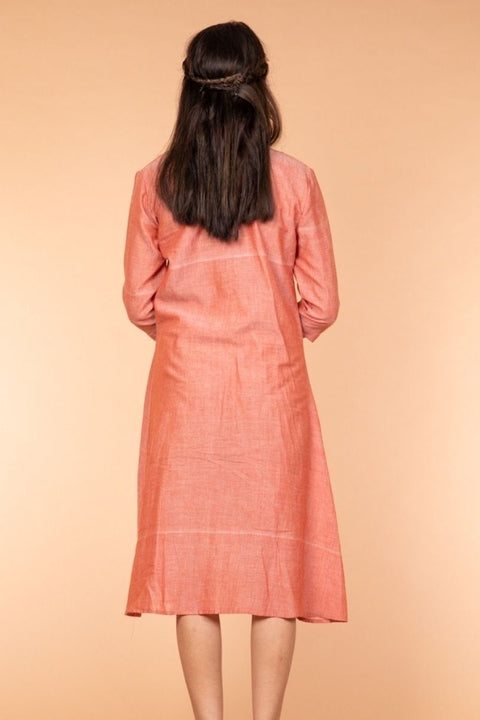 Handcraft Pleated Shirt Dress in Pastel Orange Handloom Cotton | Vinusto
