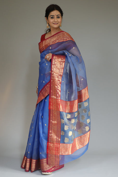 Order Chanderi Silk Saree in Steel Blue & Red - Vinusto

