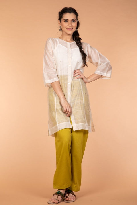 Shop Chanderi Silk Boxy Shirt Kurta in Off-White & Ochre Yellow with Cotton Pyjama Pants - Set of 2 | Vinusto

