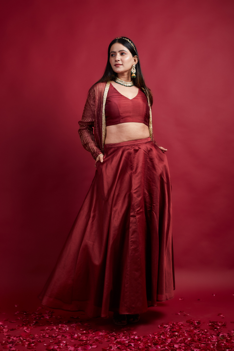 Order Coord Set- Skirt & Top Set With Long Shrug Jacket In Chanderi Handloom (Set Of 3) - By Vinusto