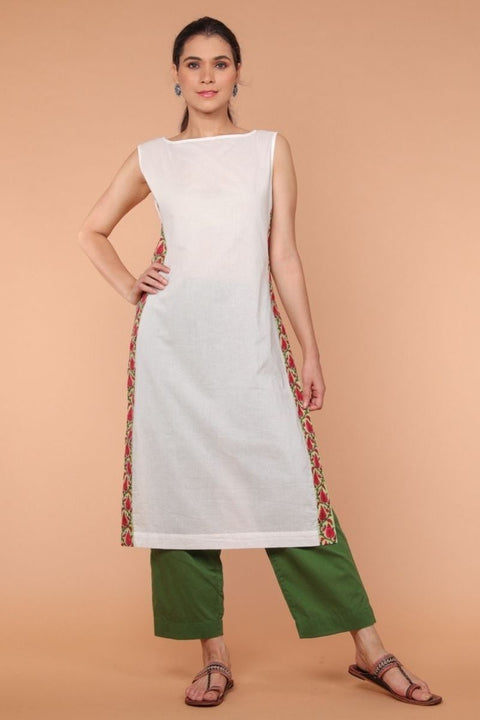 Shop Cotton Straight Fit Kurta with Side Detail in White & Fern Green Palazzo – Set of 2 | Vinusto

