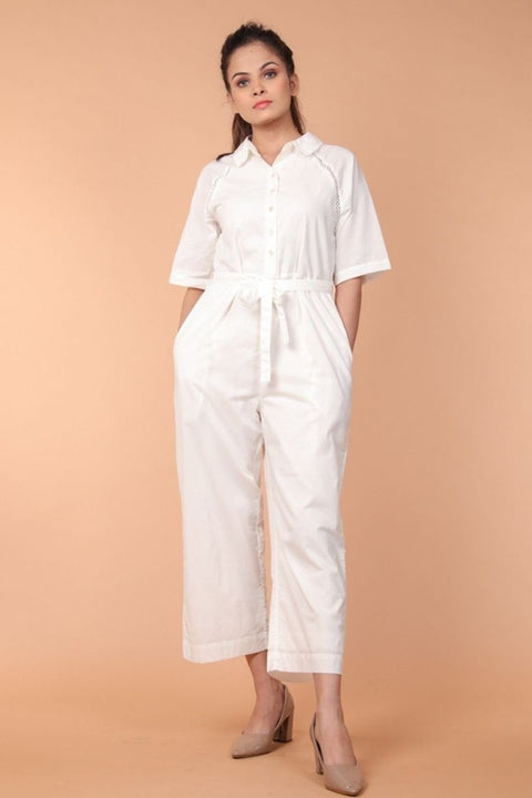 Buy Jumpsuit with Lace Inserts in White Cotton | Vinusto