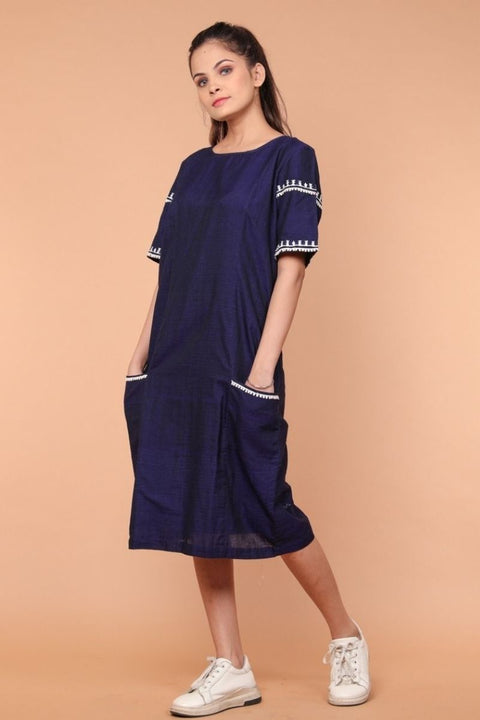 Embroidered Shift Dress in Mid night Blue Handloom Cotton