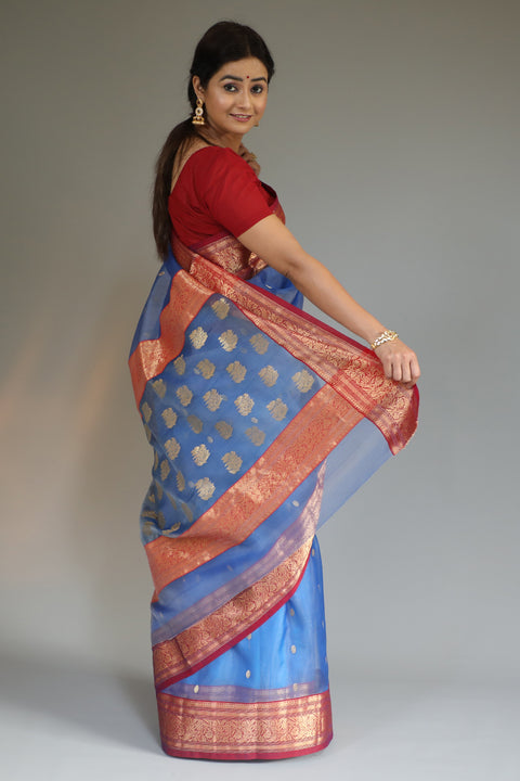 Luxury Chanderi Silk Saree in Steel Blue & Red - Vinusto

