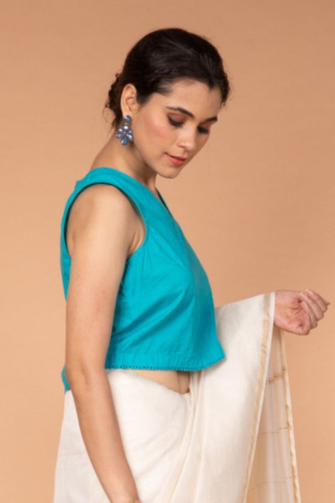 Buy Woven Chanderi Sari in Off-White with Aqua Cotton Blouse | Vinusto