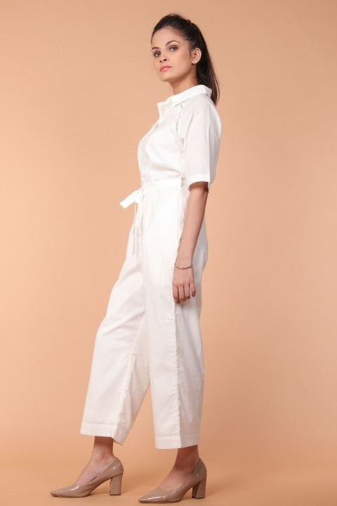 Order Jumpsuit with Lace Inserts in White Cotton | Vinusto