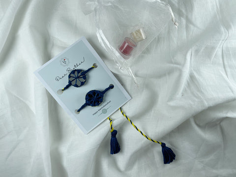 Vinusto - Yellow & Blue Embroidered  Mirror Bhai Rakhi (Set of 2)