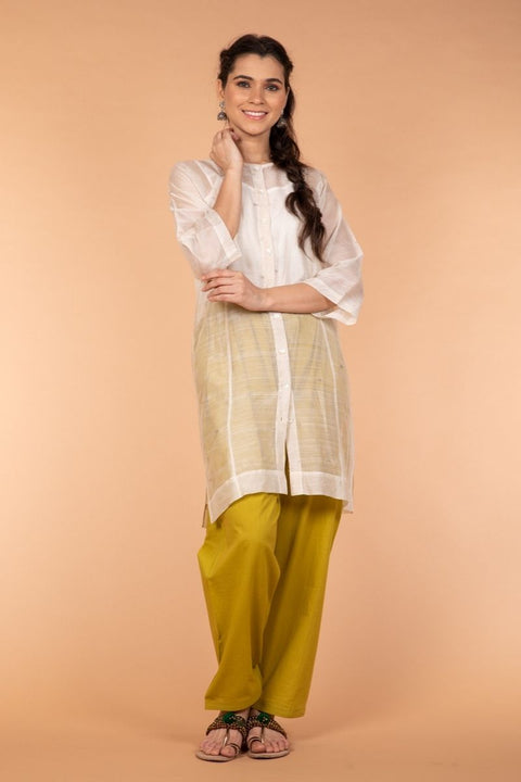 Buy Chanderi Silk Boxy Shirt Kurta in Off-White & Ochre Yellow with Cotton Pyjama Pants - Set of 2 | Vinusto


