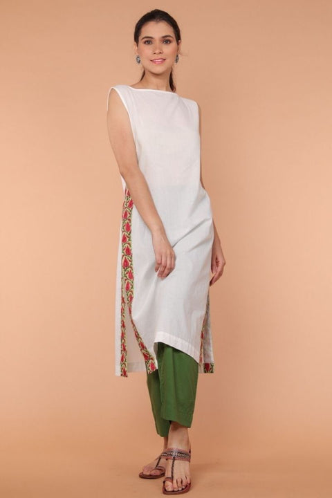 Buy Cotton Straight Fit Kurta with Side Detail in White & Fern Green Palazzo – Set of 2 | Vinusto


