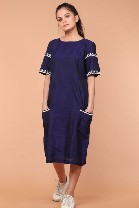 Embroidered Shift Dress in Mid night Blue Handloom Cotton