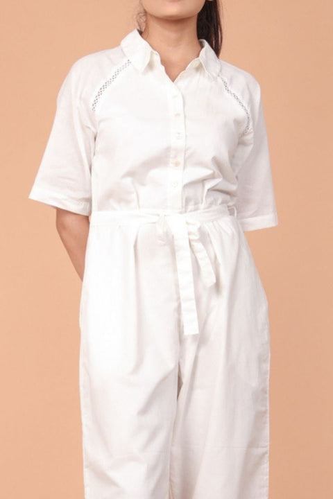 Luxury Jumpsuit with Lace Inserts in White Cotton | Vinusto