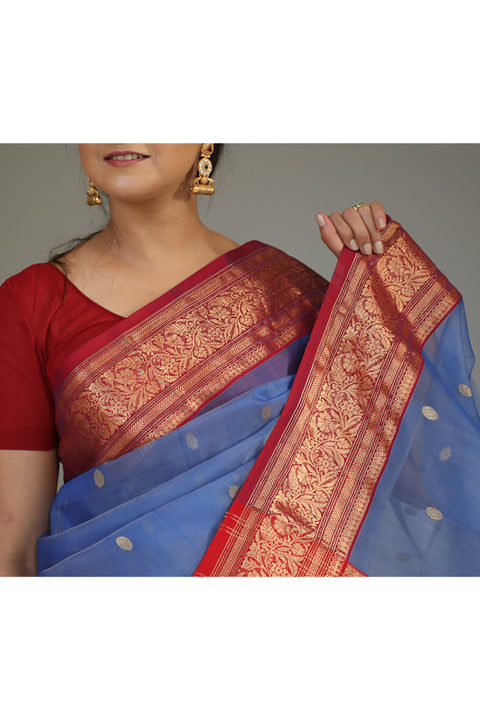 Premium Chanderi Silk Saree in Steel Blue & Red - Vinusto

