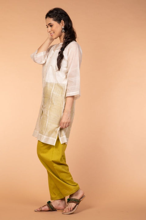 Order Chanderi Silk Boxy Shirt Kurta in Off-White & Ochre Yellow with Cotton Pyjama Pants - Set of 2 | Vinusto

