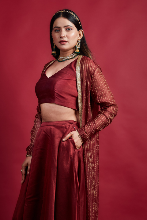 Designer Coord Set- Skirt & Top Set With Long Shrug Jacket In Chanderi Handloom (Set Of 3) - By Vinusto