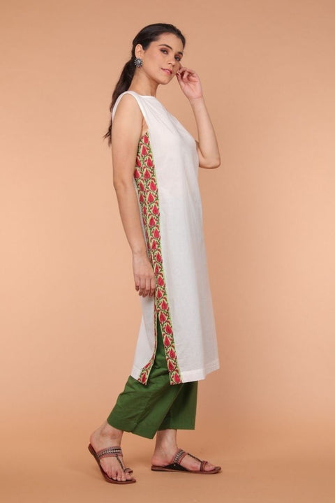 Order Cotton Straight Fit Kurta with Side Detail in White & Fern Green Palazzo – Set of 2 | Vinusto

