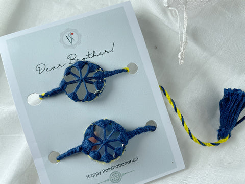Vinusto - Yellow & Blue Embroidered  Mirror Bhai Rakhi (Set of 2)