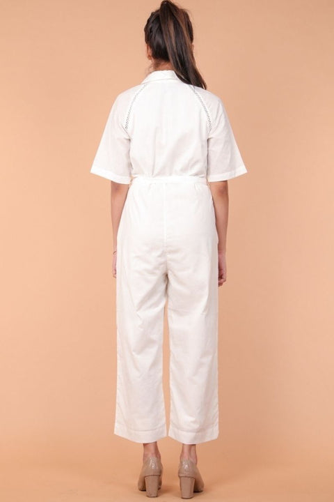 Premium Jumpsuit with Lace Inserts in White Cotton | Vinusto