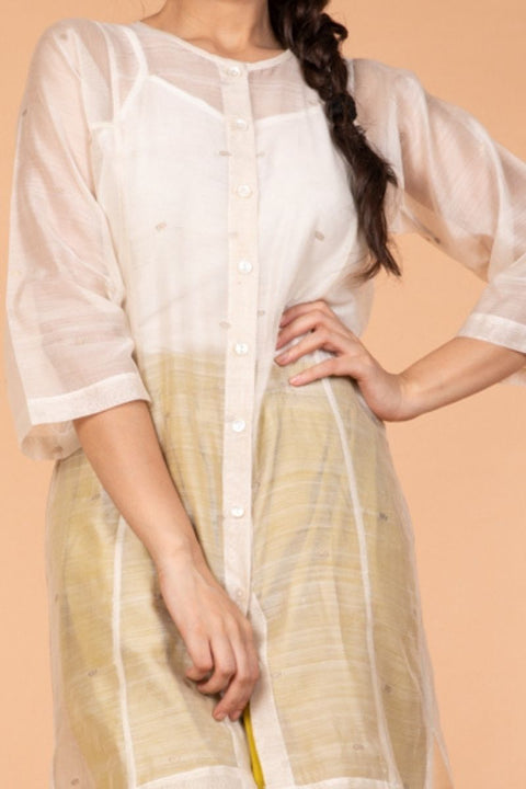 Luxury Chanderi Silk Boxy Shirt Kurta in Off-White & Ochre Yellow with Cotton Pyjama Pants - Set of 2 | Vinusto

