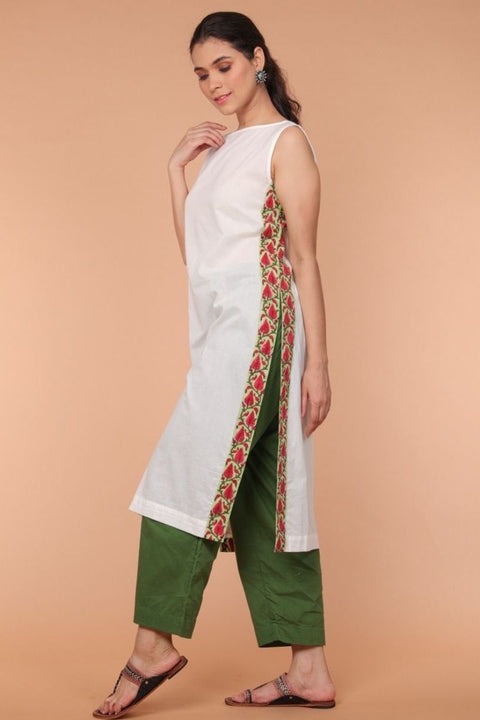 Luxury Cotton Straight Fit Kurta with Side Detail in White & Fern Green Palazzo – Set of 2 | Vinusto

