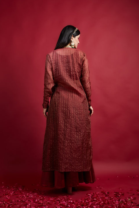 Coordinate Set- Skirt & Top Set with Long Shrug Jacket in Chanderi Handloom (Set of 3)