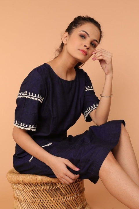 Embroidered Shift Dress in Mid night Blue Handloom Cotton