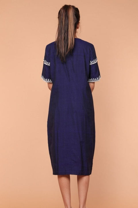 Embroidered Shift Dress in Mid night Blue Handloom Cotton