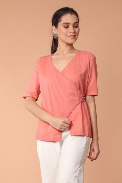 Order Wrap-Around Cotton Top in Coral | Vinusto