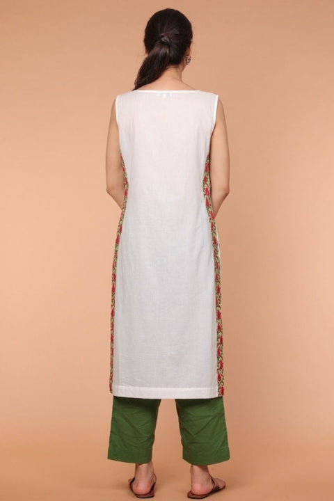 Premium Cotton Straight Fit Kurta with Side Detail in White & Fern Green Palazzo – Set of 2 | Vinusto

